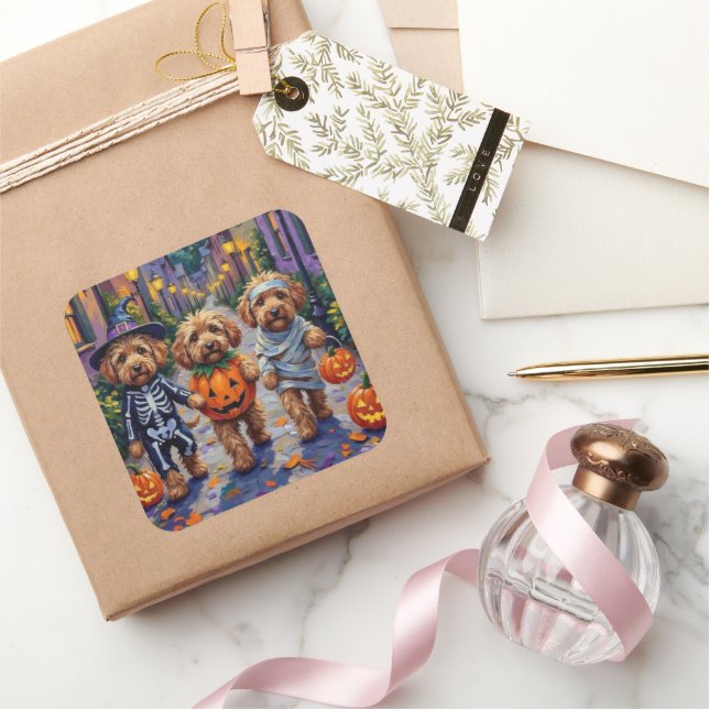 Pegatina Cuadrada Disfraz de Halloween para perros de Cockapoo (Regalar)