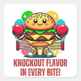 Pegatina Cuadrada Disfraz de hamburguesa con guantes de boxeo divert