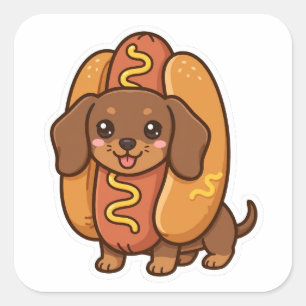 Pegatina Cuadrada Disfraz de perrito caliente para Dachshund Pegatin