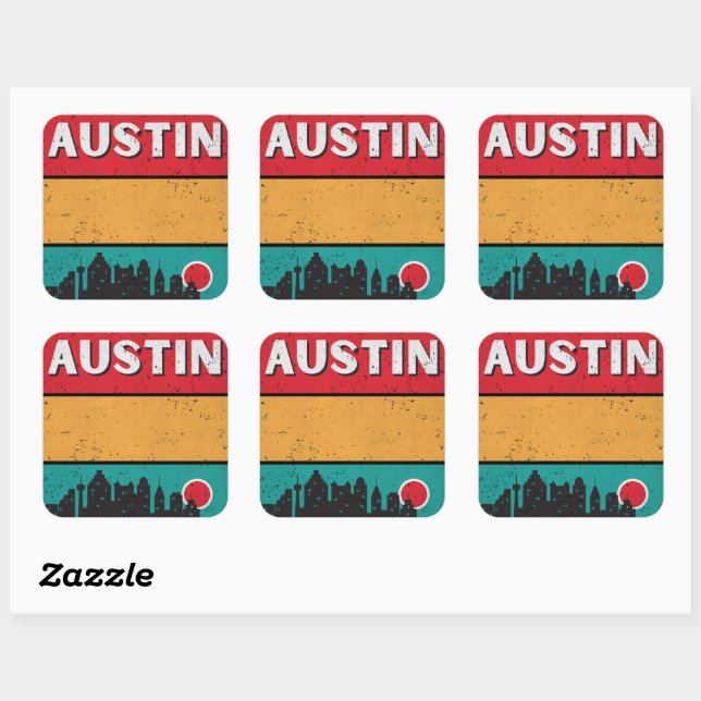 Pegatina Cuadrada Distancia en el Skyline Estatal Retro Austin Texas (Hoja)