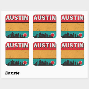 Pegatina Cuadrada Distancia en el Skyline Estatal Retro Austin Texas
