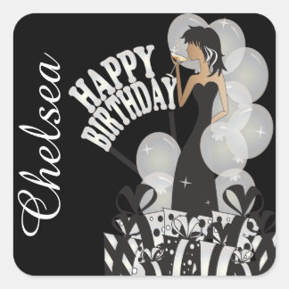 Pegatina Cuadrada Diva Birthday Chica | Personalizar | Blanco