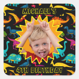 Pegatina Cuadrada Diversas especies de dinosaurios coloridos con fot