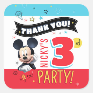 Pegatina Cuadrada Diversión de cumpleaños de Mickey Mouse Favor de p