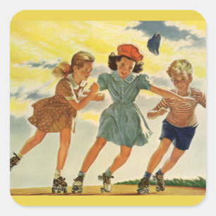 Pegatina Cuadrada Diversión de patinaje sobre ruedas vintage para ni