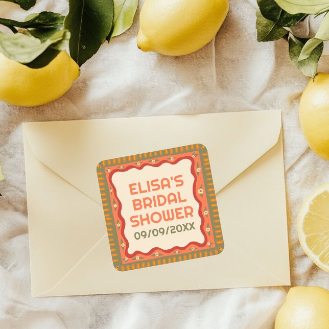 Pegatina Cuadrada Diversión Retro Boho Hecha a Mano para DUCHA DE NO (Retro Boho Fun Handmade CUSTOM Bridal Shower Square Sticker
)