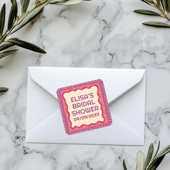 Pegatina Cuadrada Diversión Retro Boho Hecho a Mano Despedida de Sol (Retro Boho Fun Handmade CUSTOM Bridal Shower Square Sticker
)