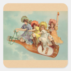 Pegatina Cuadrada Divertidas mujeres victorianas vintage bebiendo ce
