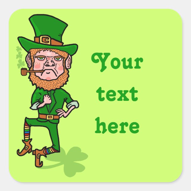 Pegatina Cuadrada Divertido Angry Lucky Irish Leprechaun (Anverso)