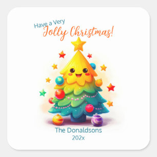Pegatina Cuadrada Divertido árbol de Navidad