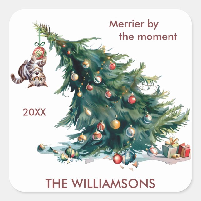 Pegatina Cuadrada Divertido árbol de Navidad danzando foto de gato (Anverso)