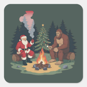 Pegatina Cuadrada Divertido Bigfoot Navidad Santa Sasquatch Campamen