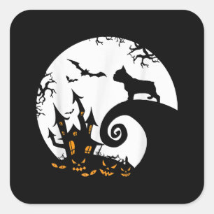 Pegatina Cuadrada Divertido Bulldog Francés Y Moon Halloween