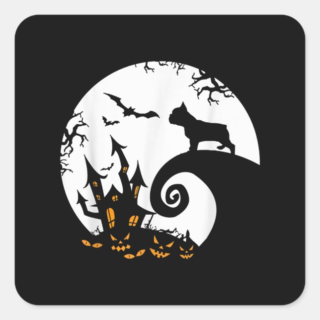 Pegatina Cuadrada Divertido Bulldog Francés Y Moon Halloween (Anverso)