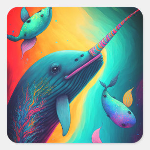 Pegatina Cuadrada Divertido colorido Narwhal Fantasy Sea criaturas a