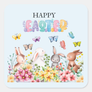 Pegatina Cuadrada Divertido conejo feliz día de Pascua