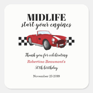 Pegatina Cuadrada Divertido Cumpleaños 50 Mediana Edad Coche Rojo Vi