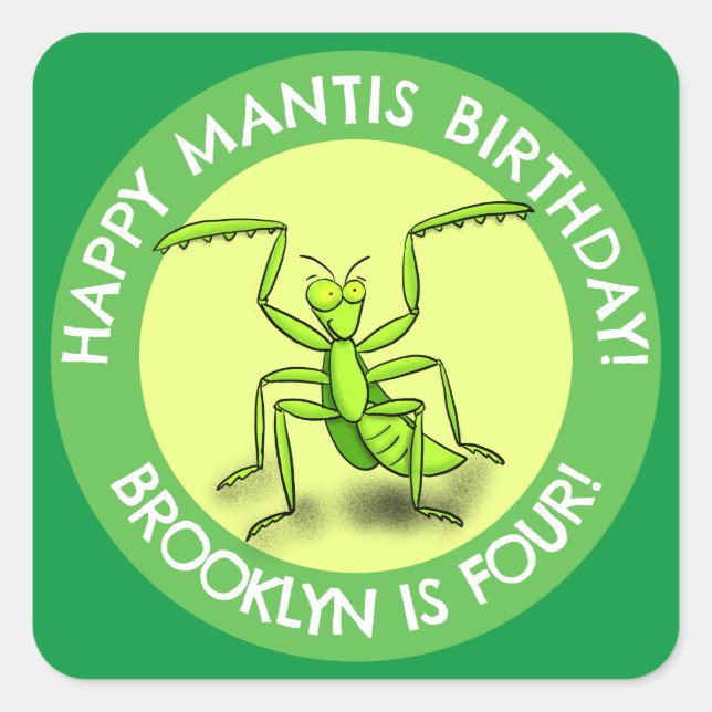 Pegatina Cuadrada Divertido cumpleaños personalizado de mantis de or (Anverso)