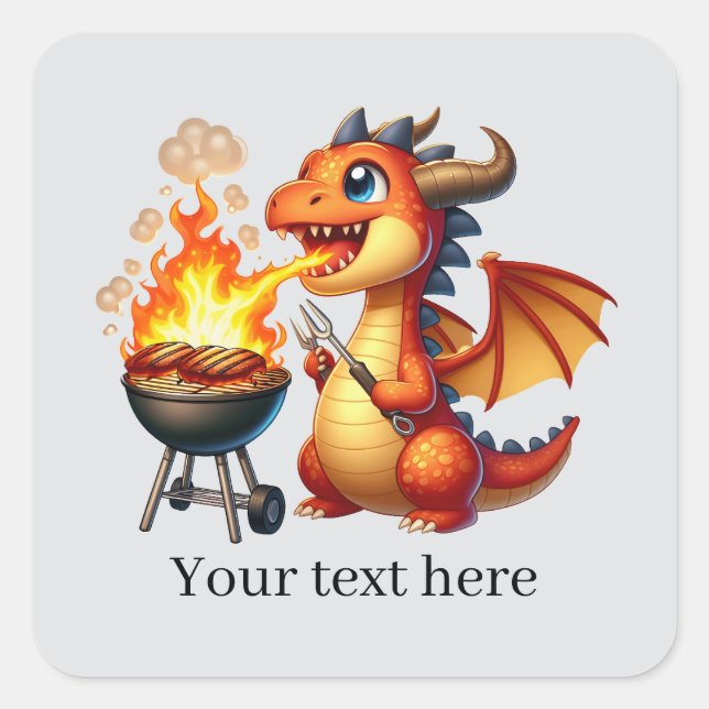 Pegatina Cuadrada Divertido dragón a la parrilla personalizable  (Anverso)