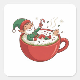 Pegatina Cuadrada Divertido Elf tomando bathub en una bebida Matcha