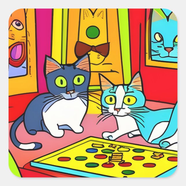 Pegatina Cuadrada Divertido juego de gatos (Anverso)