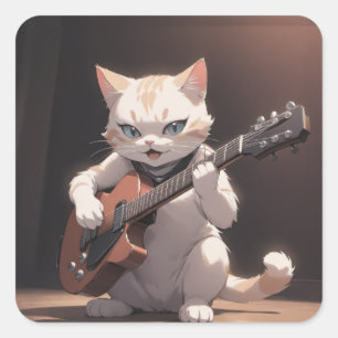 Pegatina Cuadrada Divertido juego de guitarra en arte gato