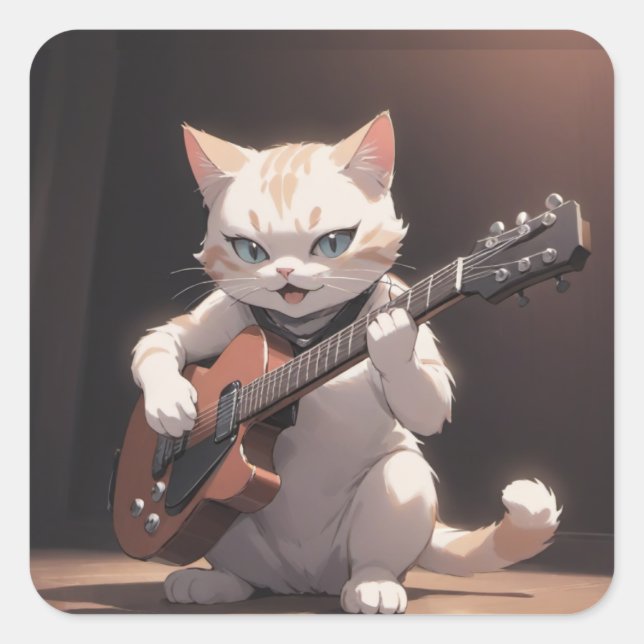 Pegatina Cuadrada Divertido juego de guitarra en arte gato (Anverso)
