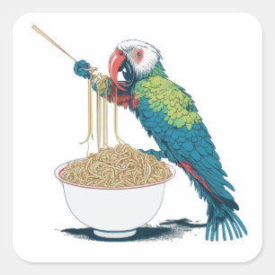 Pegatina Cuadrada Divertido loro comiendo fideos de Ramen
