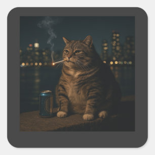 Pegatina Cuadrada Divertido Meme de Gato Fumando Estupidez Cerebral 