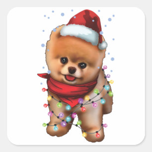 Pegatina Cuadrada Divertido navideño divertido de perro de Pomerania