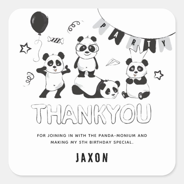 Pegatina Cuadrada Divertido Panda Moderno Gracias Niños Cumpleaños (Anverso)
