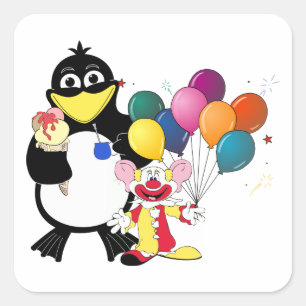 Pegatina Cuadrada Divertido pingüino y personalizado de payasos