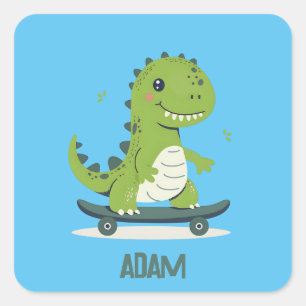 Pegatina Cuadrada Divertido Skateboarding Dinosaur Con Nombre Para N