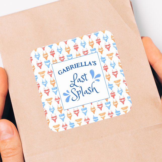 Pegatina Cuadrada Divertido tema "Última salpicadura" Bachelorette p (Custom Bachelorette Party Stickers - Last Splash Beach Theme with Fun Bikini Pattern!)