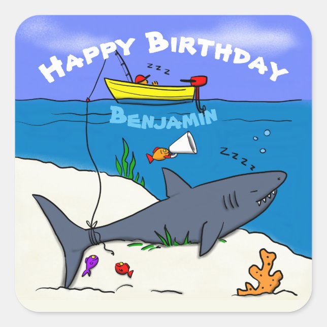 Pegatina Cuadrada Divertido tiburón durmiente y personalizado de pes (Anverso)