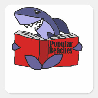 Pegatina Cuadrada Divertido tiburón leyendo libro de playas populare