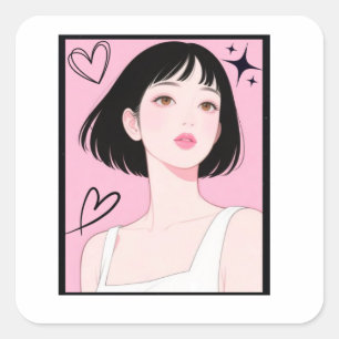 Pegatina Cuadrada Divertido y Estético: Chica Kawaii Rosa Estética