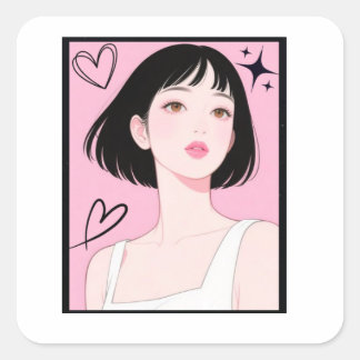 Pegatina Cuadrada Divertido y Estético: Chica Kawaii Rosa Estética