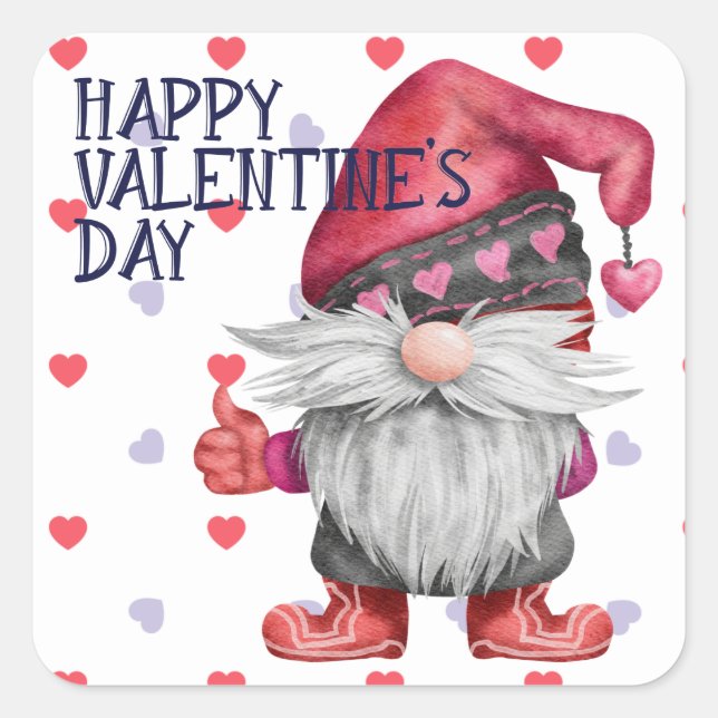 Pegatina Cuadrada Divertidos corazones de Valentine Gnome (Anverso)