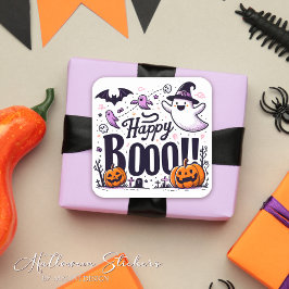Pegatina Cuadrada Diviértete con Fantasmas y Calabazas Feliz Boo Niñ
