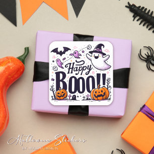 Pegatina Cuadrada Diviértete con Fantasmas y Calabazas Feliz Boo Niñ