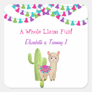 Pegatina Cuadrada Diviértete con Llama Rosa Púrpura Cumpleaños de Ni
