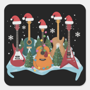 Pegatina Cuadrada Diviértete Guitarra Retro Navidad Árbol de Navidad