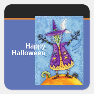 Pegatina Cuadrada Diviértete HALLOWEEN Bruja Distanciamiento Social 
