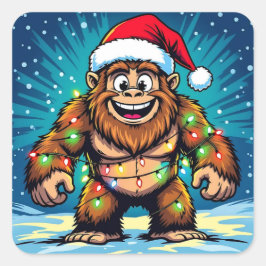 Pegatina Cuadrada Diviértete Navidad Bigfoot Sasquatch