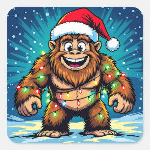 Pegatina Cuadrada Diviértete Navidad Bigfoot Sasquatch