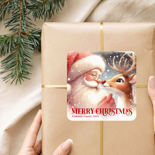 Pegatina Cuadrada Diviértete Santa Rudolph Personalizado Navidad Niñ