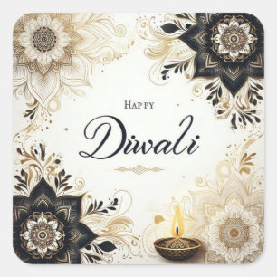 Pegatina Cuadrada Diwali con flores elegantes y diya