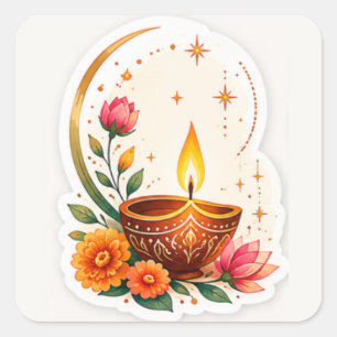 Pegatina Cuadrada Diwali Diya Floral Elegante