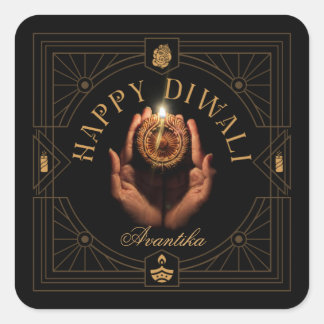 Pegatina Cuadrada Diwali Feliz elegante negro y dorado personalizabl